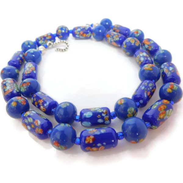 Blue Millefiori Necklace, Colorful Vintage Tombo Beads 6 Blue Millefiori Necklace Lampwork Jewelry with Tombo Beads.