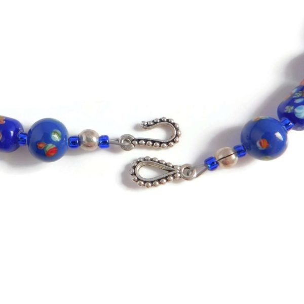 Blue Millefiori Necklace, Colorful Vintage Tombo Beads 8 Blue Millefiori Necklace, view of hook & eye clasp