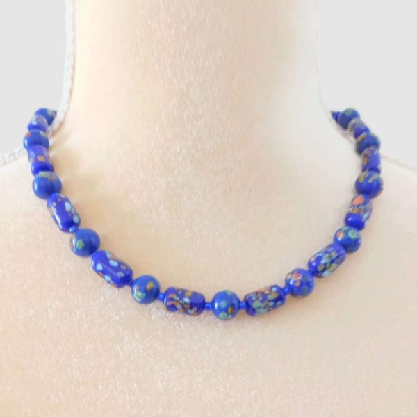 Blue Millefiori Necklace, Colorful Vintage Tombo Beads 7 Blue Millefiori Necklace Lampwork Jewelry with Tombo Beads.
