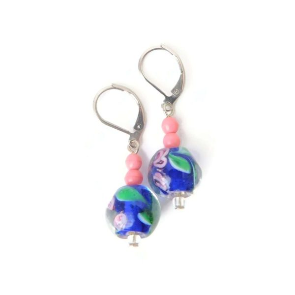 Blue and Pink Lampwork Glass Earrings