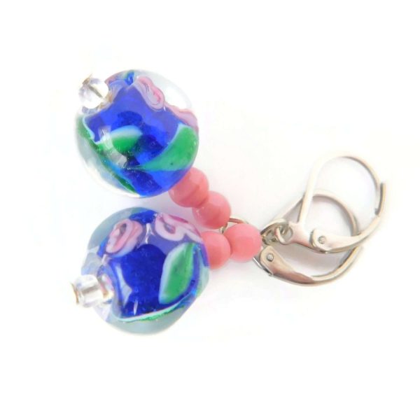 Blue and Pink Lampwork Glass Earrings