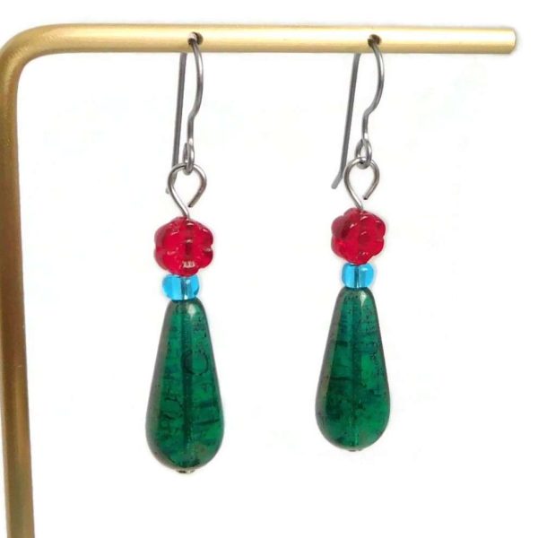 Colorful Green Floral Teardrop Earrings