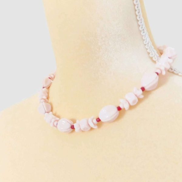 Light Pink Flower Bead Czech Glass Necklace, Redesigned Vintage 7 Light Pink Flower Bead Necklace