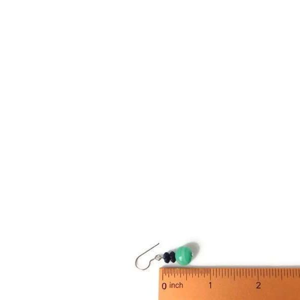 Green and Blue Small Drop Earrings, Glass Bead Jewelry with Ruler for Scale