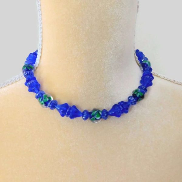 Hand Painted Blue Glass Flower Bead Necklace
