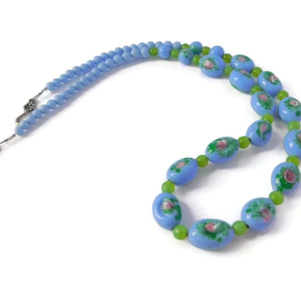 Hand Painted Floral Art Glass Bead Necklace Periwinkle Blue