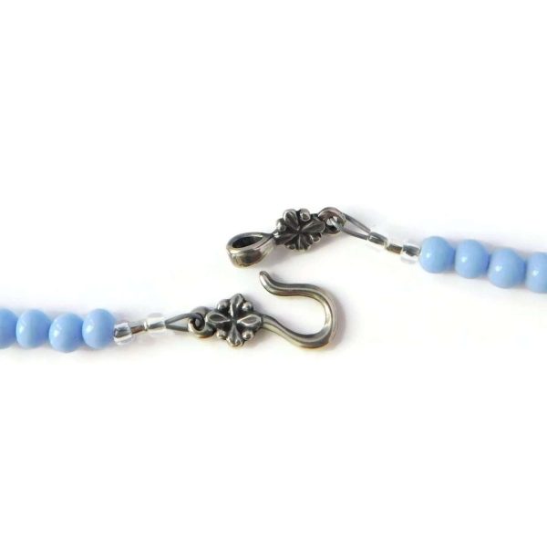 hook & eye clasp of Hand Painted Floral Art Glass Bead Necklace Periwinkle Blue