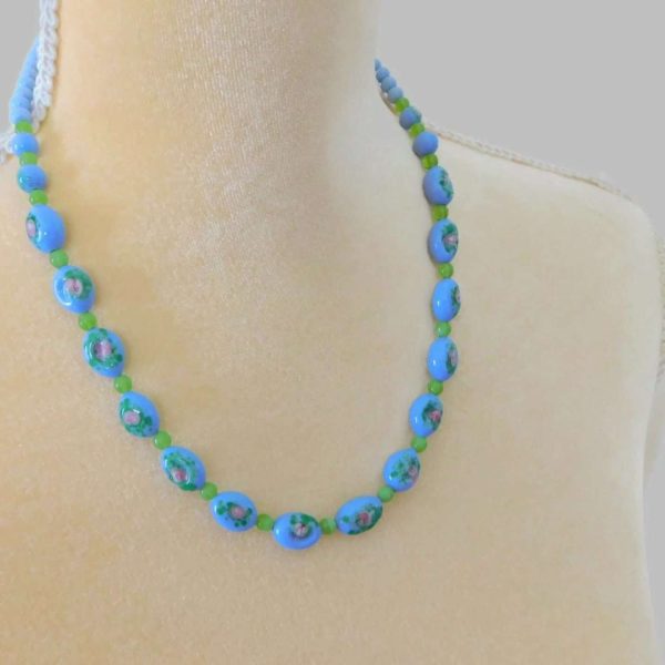 Hand Painted Floral Art Glass Bead Necklace Periwinkle Blue