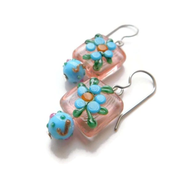 Handpainted Pink and Blue Glass Flower Earrings