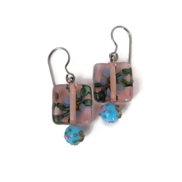 Handpainted Pink and Blue Glass Flower Earrings, Back View