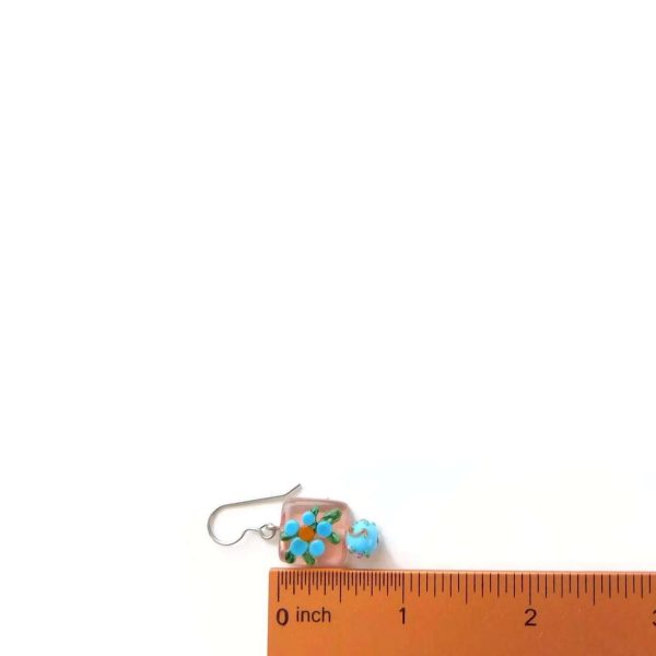 Handpainted Pink and Blue Glass Flower Earrings with Ruler for Scale