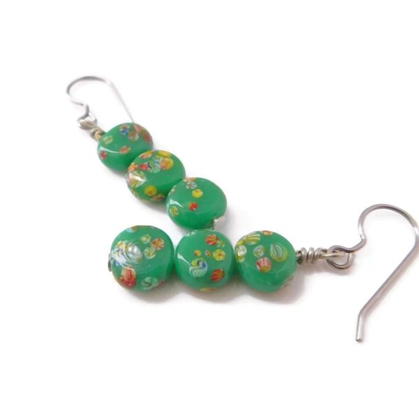 Green Japanese Millefiori Drop Earrings, Floral Jewelry 8 Green Tombo Bead Earrings