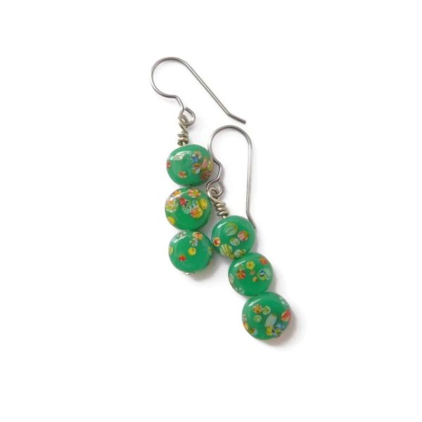 Green Japanese Millefiori Drop Earrings, Floral Jewelry 7 Green Tombo Bead Earrings