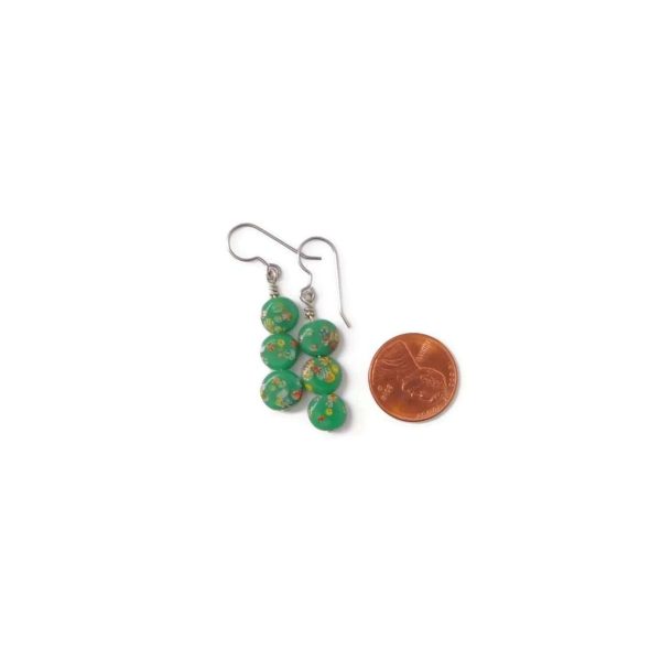 Green Japanese Millefiori Drop Earrings, Floral Jewelry 9 Green Tombo Bead Earrings with penny for scale