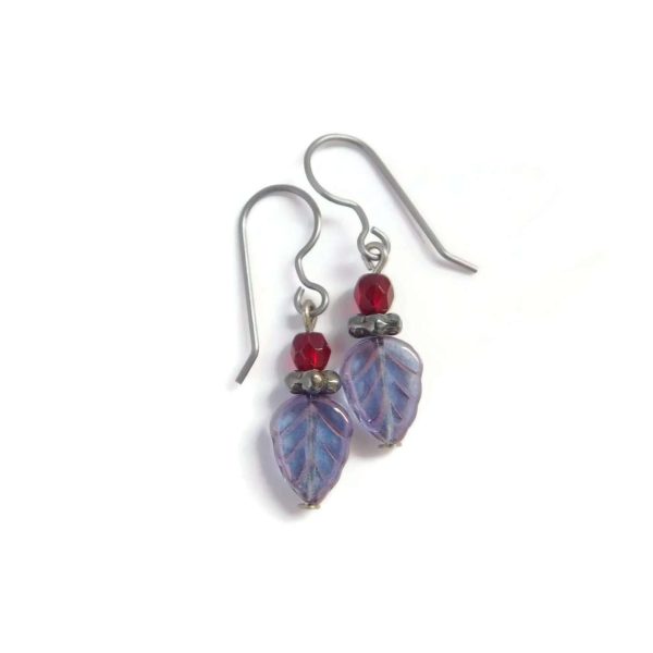 Purple and Red Czech Glass Leaf Earrings, Handmade Jewelry 7 Leaf Earrings Vintage Style Purple Red Czech Glass Autumn Jewelry Gift 2 scaled