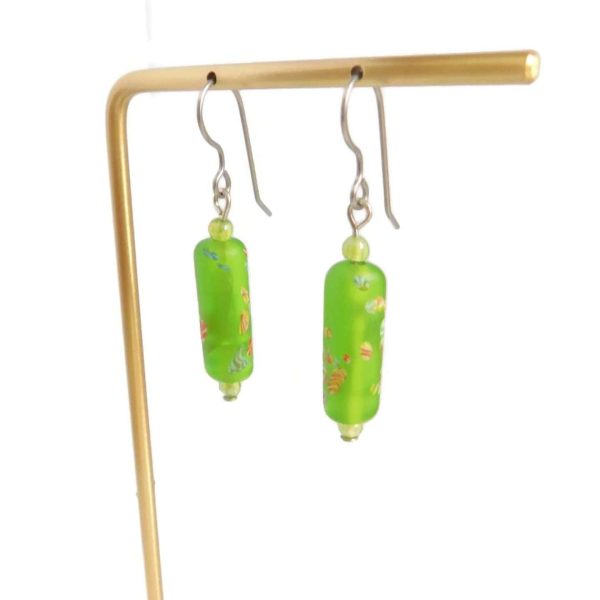 Apple Green Millefiori Tube Bead Earrings, Lampwork Jewelry 8 Translucent Green Millefiori Earrings Floral Glass Bead Jewelry