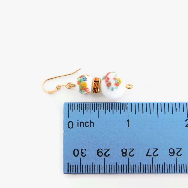 White Millefiori Earrings with ruler for scale