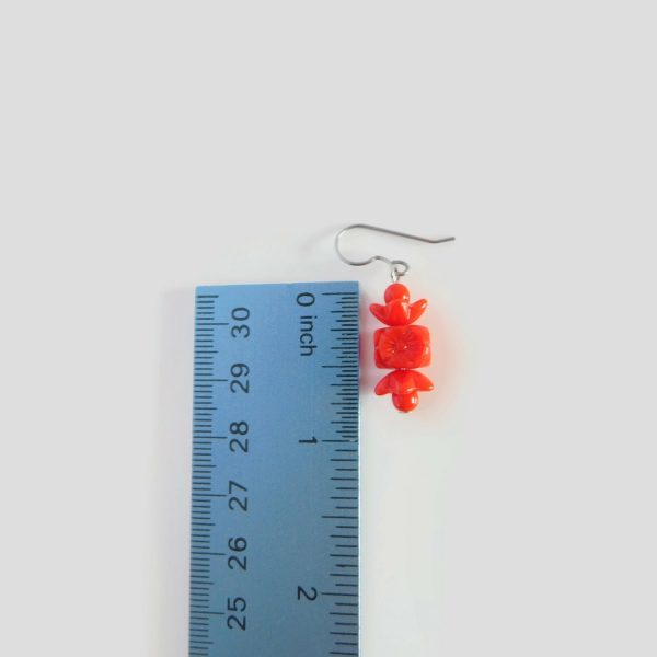 Red Flower Bead Earrings, Czech Glass Jewelry 8 red flower bead earrings with ruler for scale