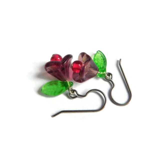 Dainty Purple Bellflower Drop Earrings, Czech Glass Jewelry 8 purple flower earrings with red centers and green leaves