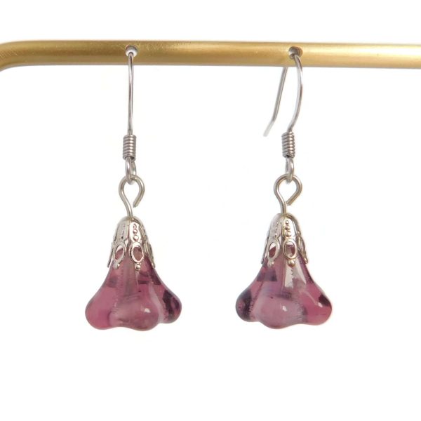 Czech Glass Bellflower Drop Earrings, Purple and Silver 8 Czech Glass Bellflower Drop Earrings