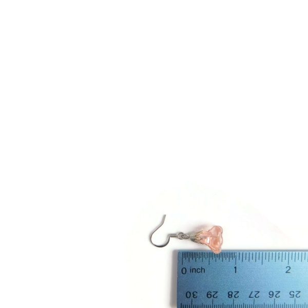 Vintage Style Pink Flower Drop Earrings with ruler for scale