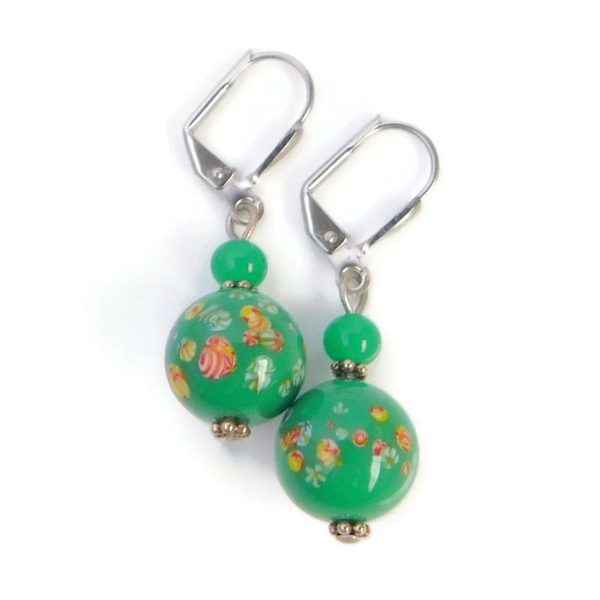 Green Floral Glass Bead Drop Earrings