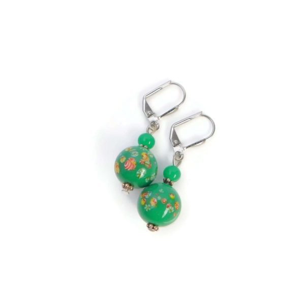 Green Floral Glass Bead Drop Earrings