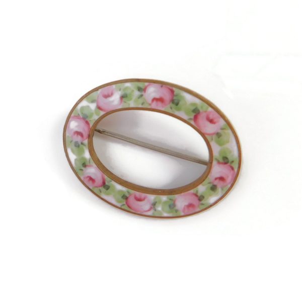 Vintage Hand Painted Enamel Rose Oval Brooch 7 enamel floral pin