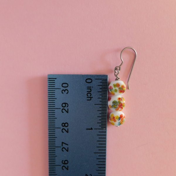 White Japanese Millefiori Earrings with ruler for scale