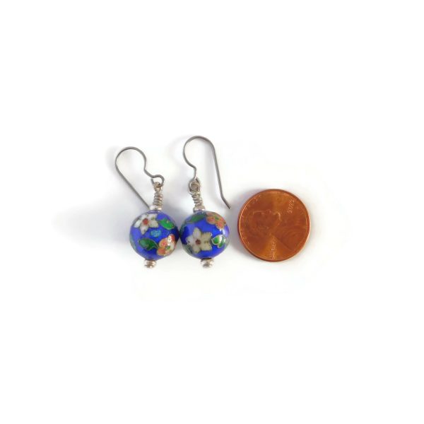 blue cloisonne earrings with penny for scale