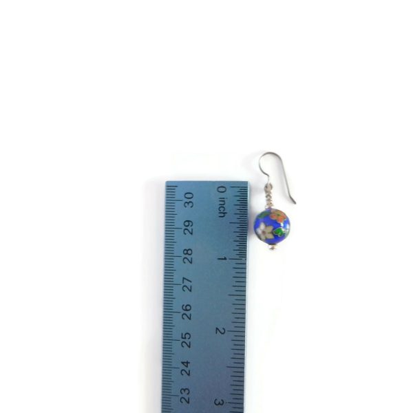 blue cloisonne earrings with ruler for scale