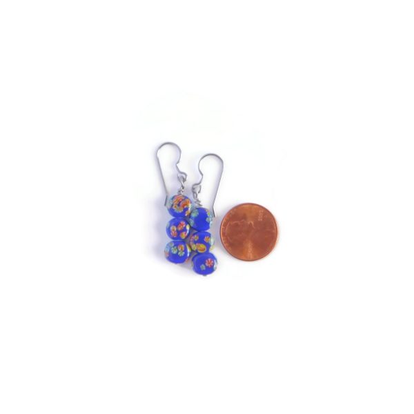 blue millefiori earrings with penny for scale