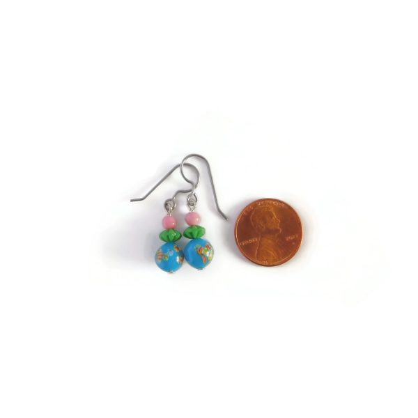 Multicolor Millefiori Floral Glass Bead Drop Earrings with penny for scale