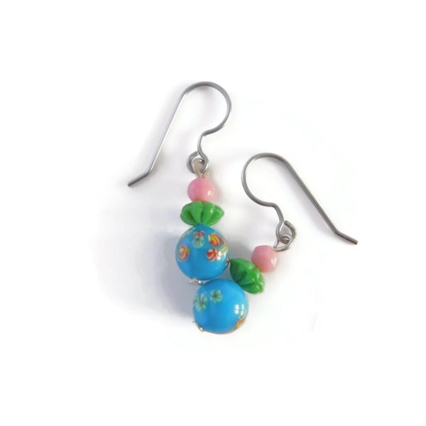 Multicolor Millefiori Floral Glass Bead Drop Earrings