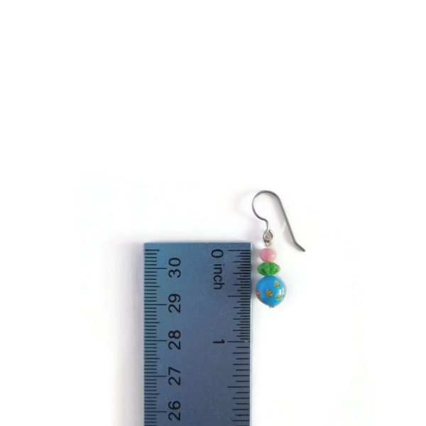 Multicolor Millefiori Floral Glass Bead Drop Earrings with ruler for scale