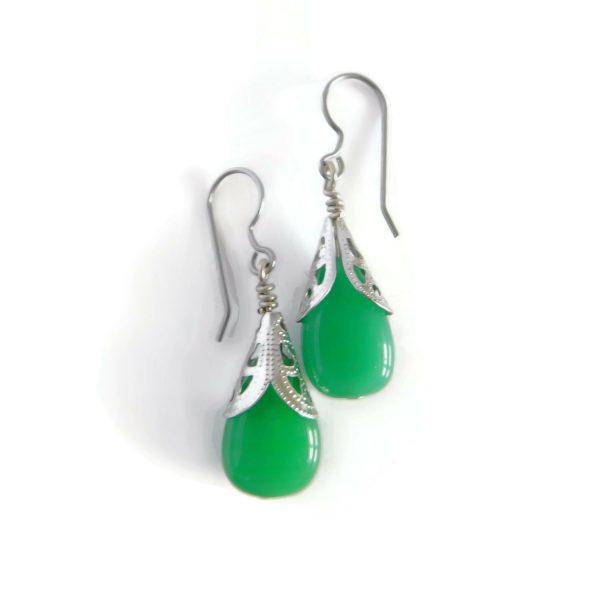 Green and Silver Glass Bead Filigree Teardrop Earrings
