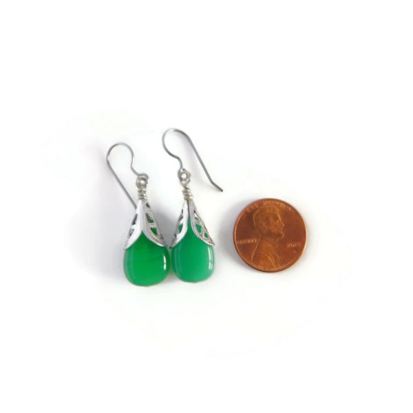 Green and Silver Glass Bead Filigree Teardrop Earrings with penny for scale