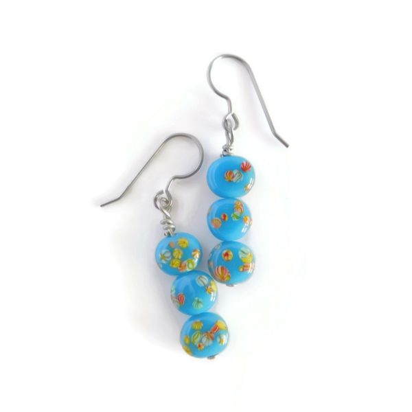 Aqua Blue Millefiori Bead Drop Earrings, Colorful Jewelry 7 light blue tombo bead earrings