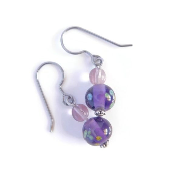 Purple Millefiori Glass Earrings, Tombo Bead Jewelry 8 purple millefiori earrings