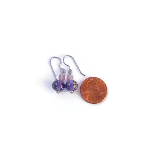 Purple Millefiori Glass Earrings, Tombo Bead Jewelry 9 purple millefiori earrings with penny for scale