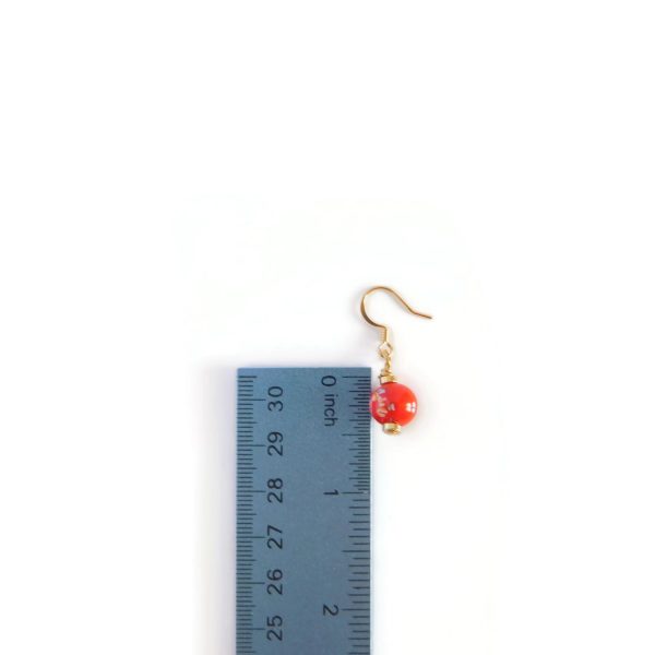 Red Millefiori Glass Earrings, Tombo Bead Jewelry 9 red millefiori earrings with ruler for scale