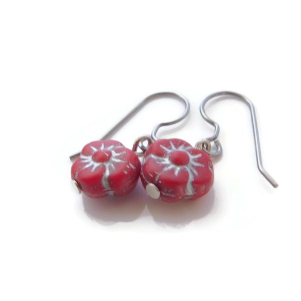 Pansy Flower Earrings, Small Drop, Red Silver Color 7 Small Red Pansy Earrings