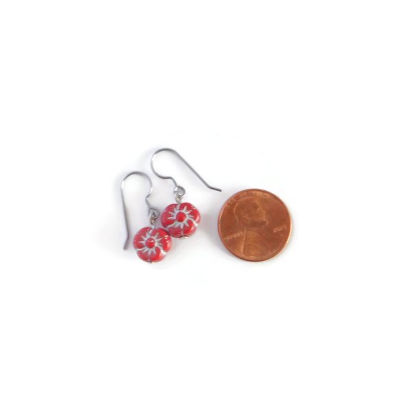Pansy Flower Earrings, Small Drop, Red Silver Color 8 Small Red Pansy Earrings with penny for scale