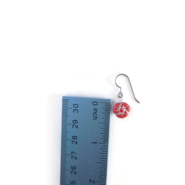 Pansy Flower Earrings, Small Drop, Red Silver Color 9 Small Red Pansy Earrings with ruler for scale