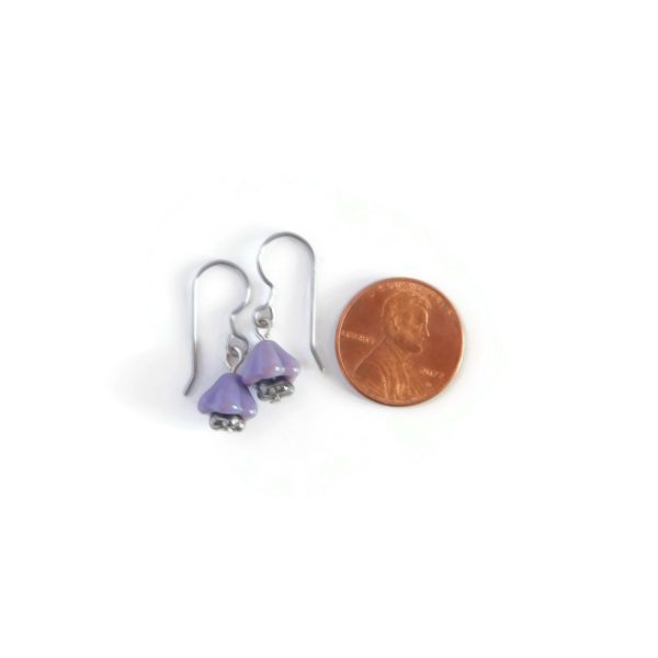 Small Purple Glass Flower Drop Earrings 8 Small Purple Glass Flower Drop Earrings with penny for scale