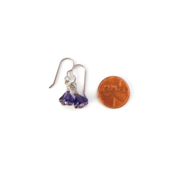 Tiny Purple Czech Glass Flower Earrings 8 Tiny Purple Czech Glass Flower Earrings with penny for scale