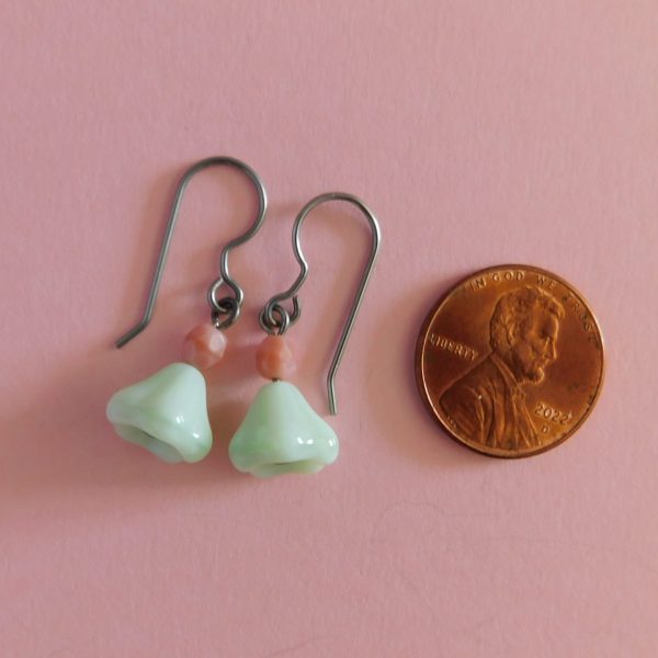 Green and Pink Czech Glass Flower Earrings with penny for scale