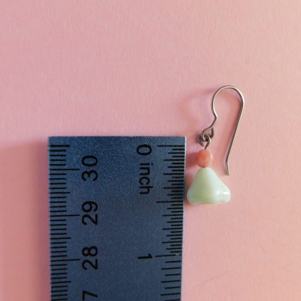 Green and Pink Czech Glass Flower Earrings with ruler for scale