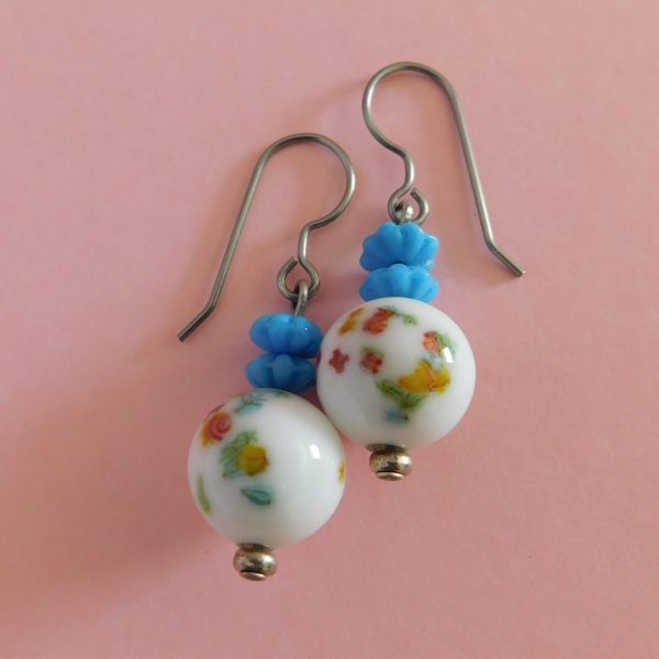 White Millefiori Ball Drop Earrings