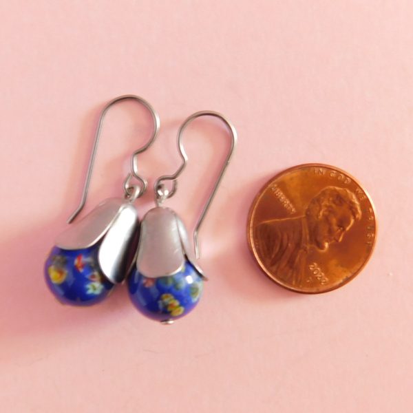 Retro Blue Millefiori Drop Earrings, Tombo Bead Jewelry 8 Retro Blue Glass Millefiori Drop Earrings with penny for scale
